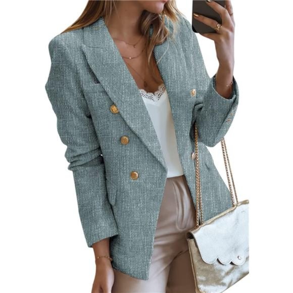 Womens Double Breasted Tweed Blazers Casual Long Sleeve Open Front Blazer Jacket - Picture 1 of 7